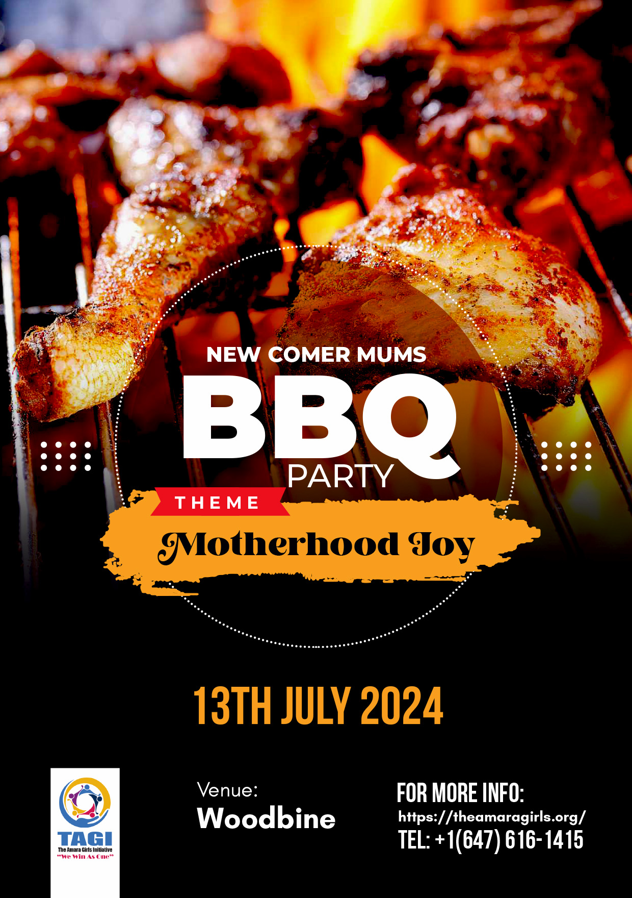 Original TAGI Newcomer Mums BBQ poster announcing Motherhood Joy on 13 July 2024 at Woodbine