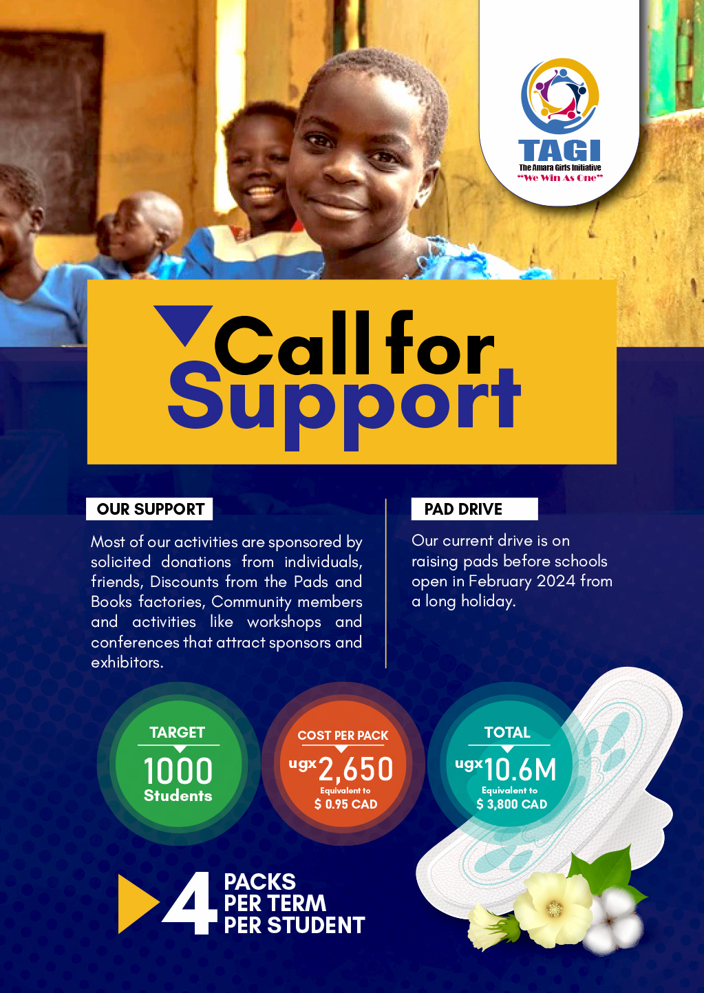 TAGI’s original call-for-support poster for the February 2024 menstrual pad drive
